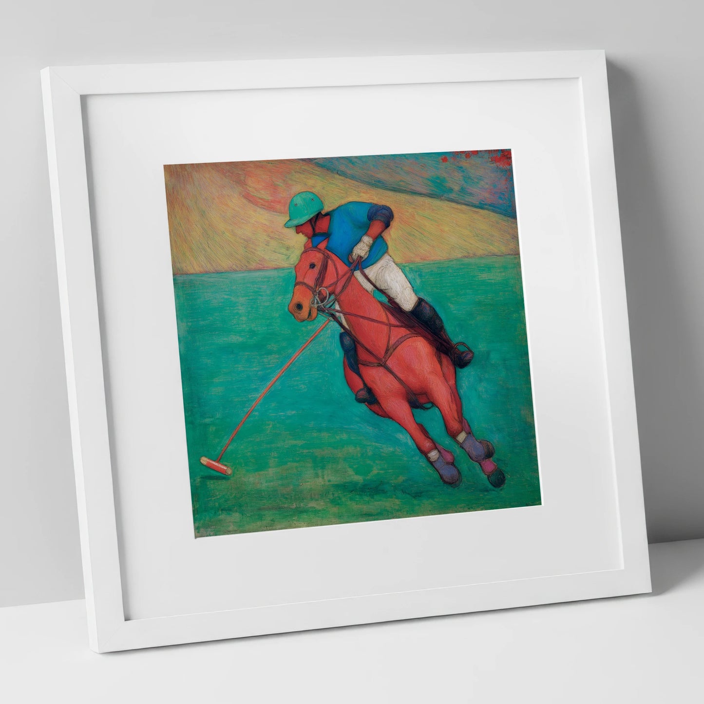 The Crimson Chukka polo horse art print in white frame