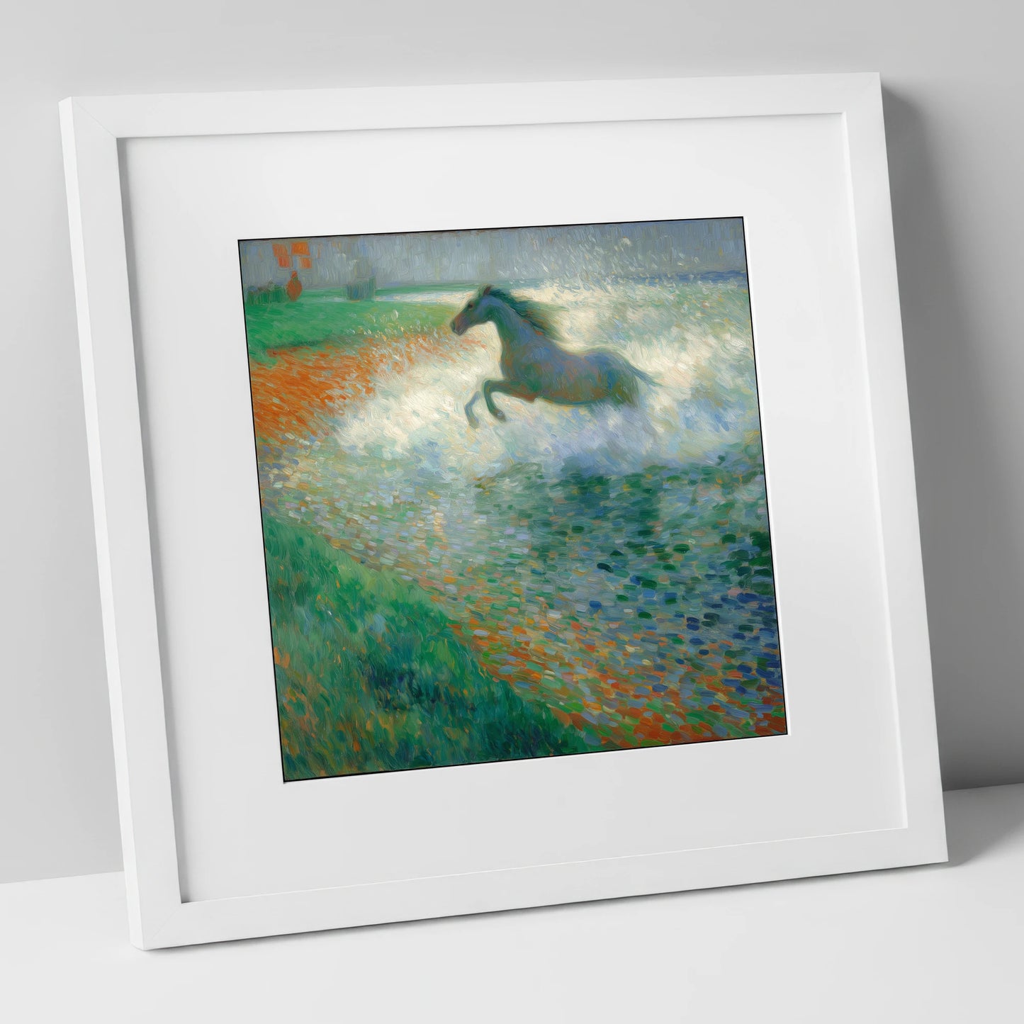 Luminous Surf Canter beach horse art print in white frame