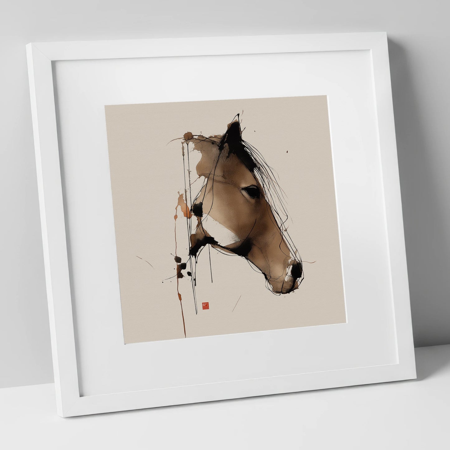 Dynamic Sepia Equine Profile horse portrait art print in white frame