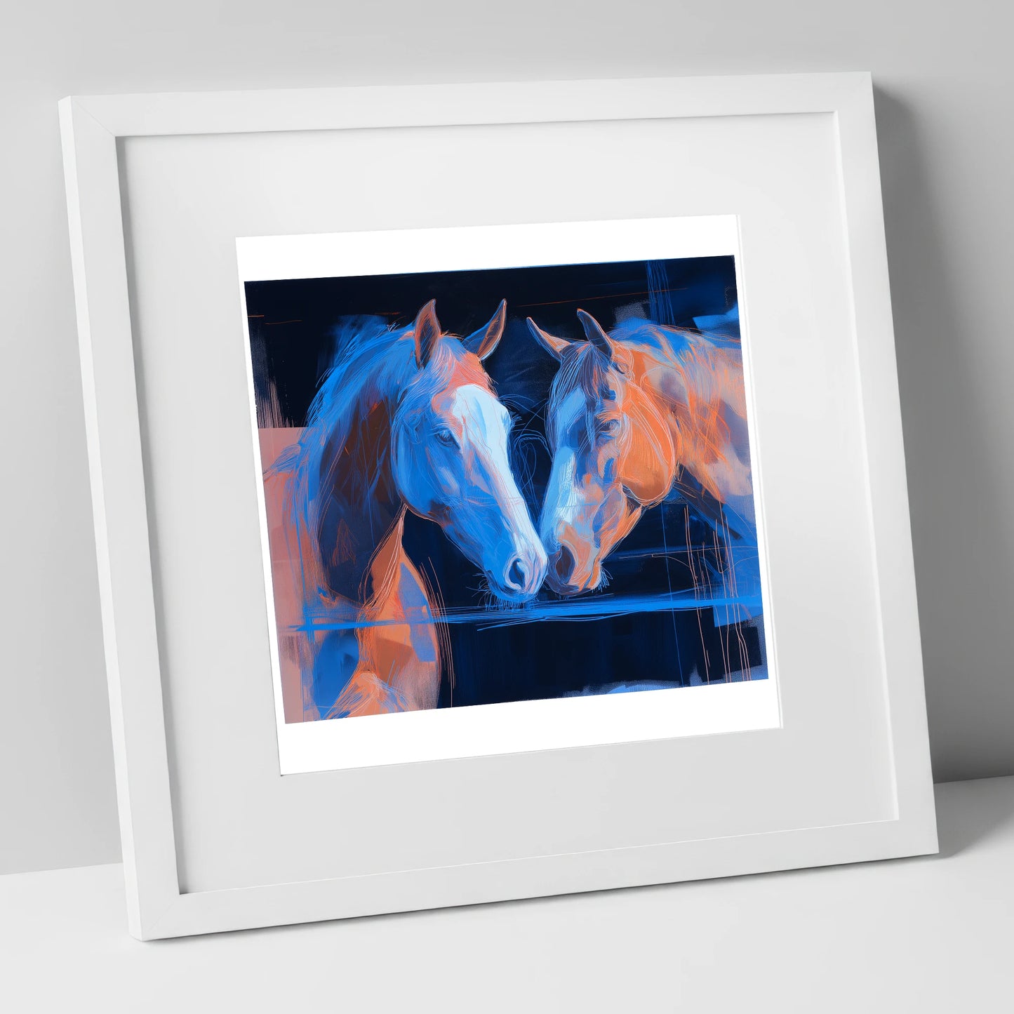 Quiet Communion horse portrait art print in white frame