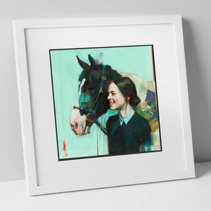 A Shared Understanding horse & rider art print in white frame