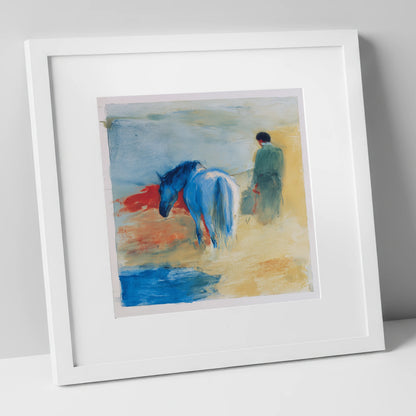 The Cobalt Companion horse & rider art print in white frame