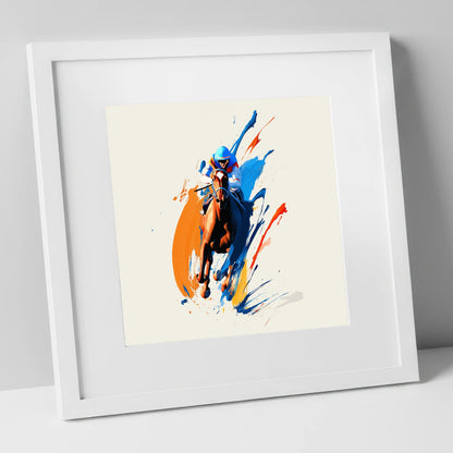 The Front Runner racing horse art print in white frame