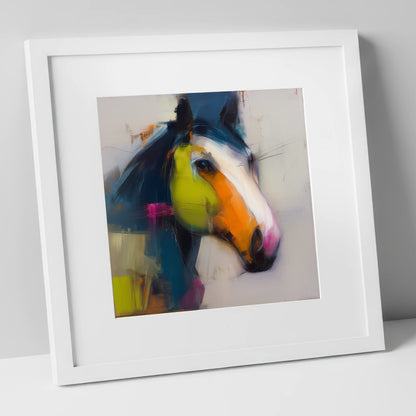 Vibrant Contemporary Profile horse portrait art print in white frame