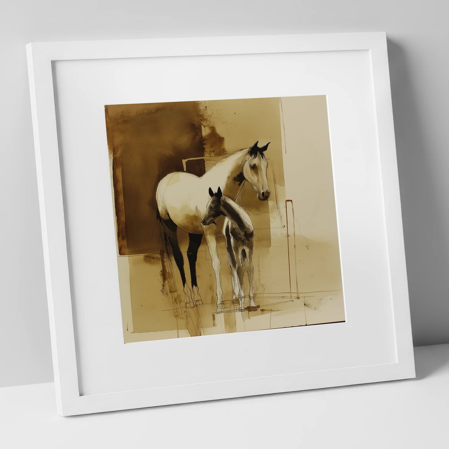 Sepia Shadows mare & foal art print in white frame