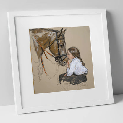 A Quiet Understanding horse & rider art print in white frame