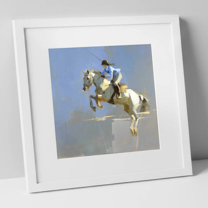 Soaring in Slate show jumping horse art print in white frame