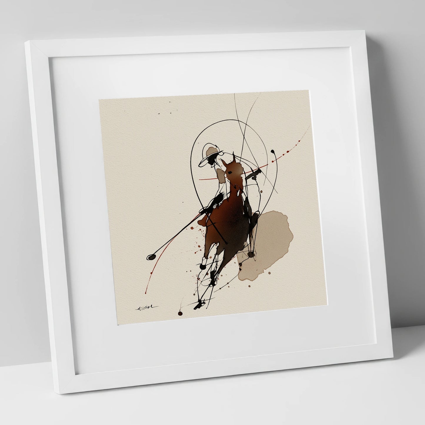 The Decisive Strike polo horse art print in white frame