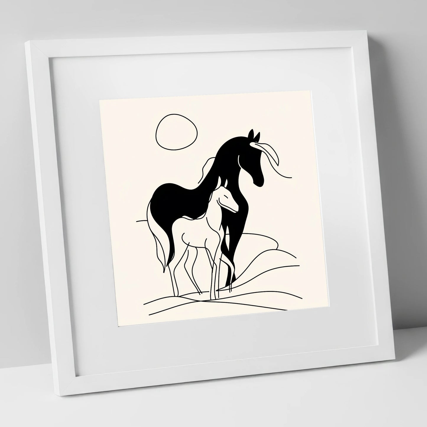 Silhouette of Devotion mare & foal art print in white frame