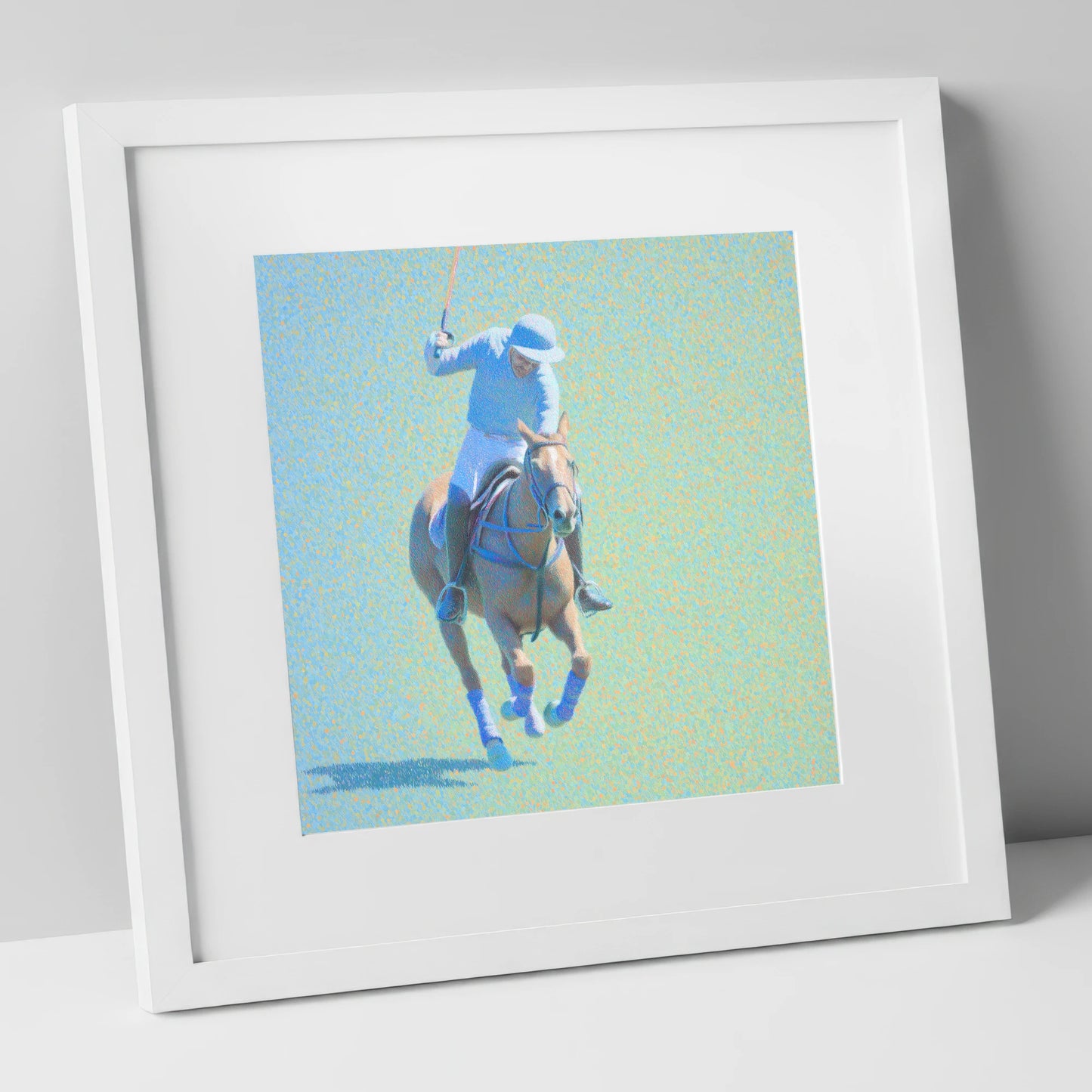 The Shimmering Chukka polo horse art print in white frame