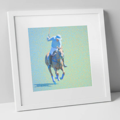The Shimmering Chukka polo horse art print in white frame