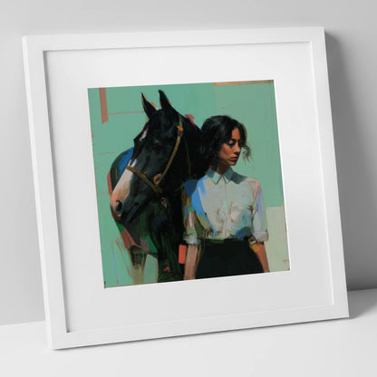 The Shared Silence horse & rider art print in white frame