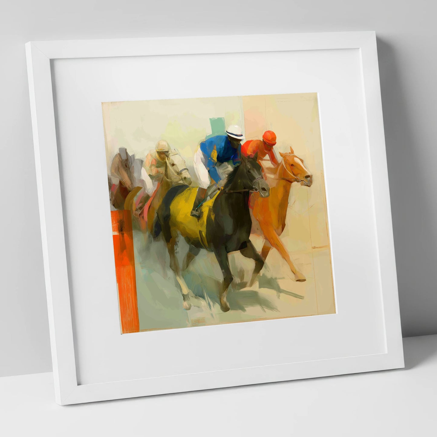 Colours of the Turf racing horse art print in white frame