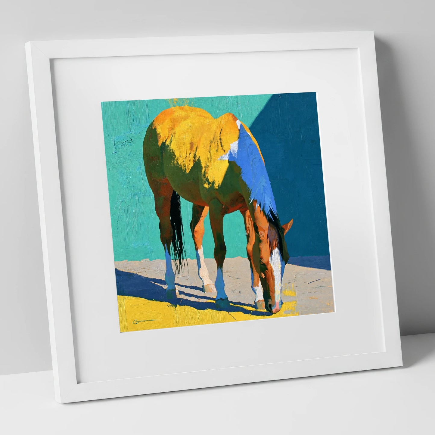 Grazing Horse in Vibrant Light horse breed art print in white frame