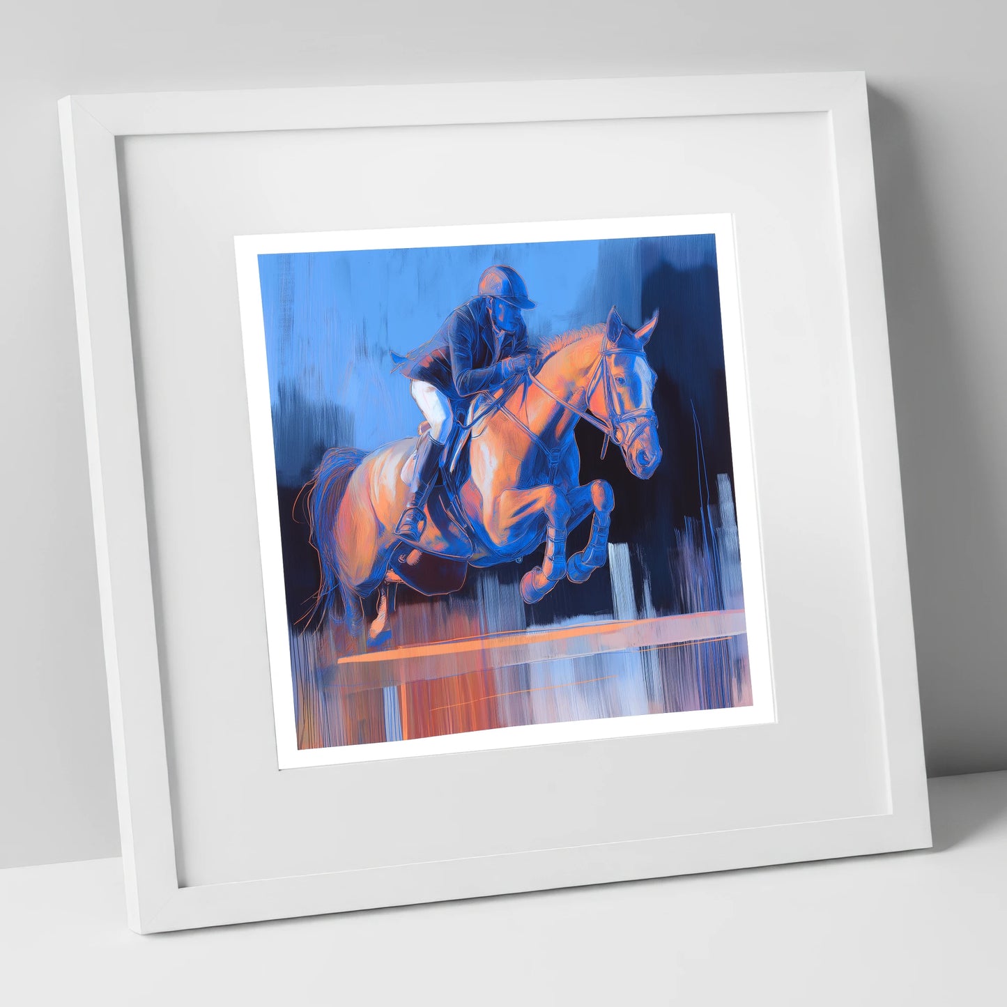 Cobalt Ascent show jumping horse art print in white frame