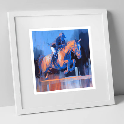 Cobalt Ascent show jumping horse art print in white frame
