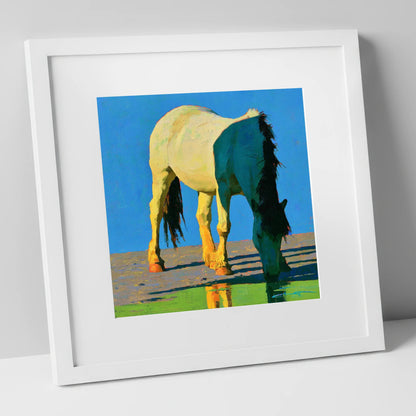 Horse Drinking in Vibrant Light horse breed art print in white frame
