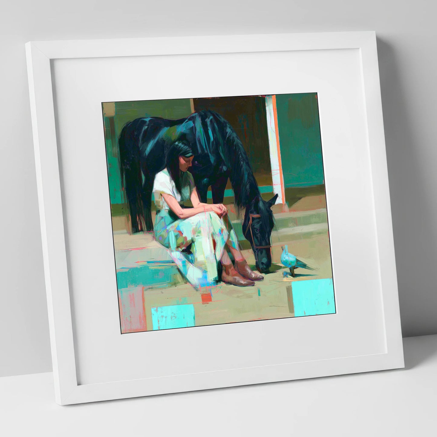 Stillness in the Yard horse & rider art print in white frame