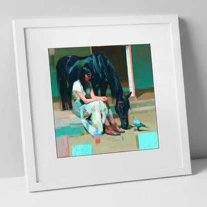 Stillness in the Yard horse & rider art print in white frame