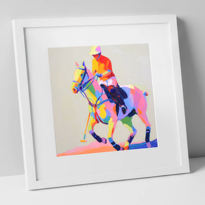 Vibrant Polo Pace polo horse art print in white frame