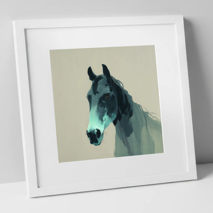 Contemporary Teal Equine horse portrait art print in white frame