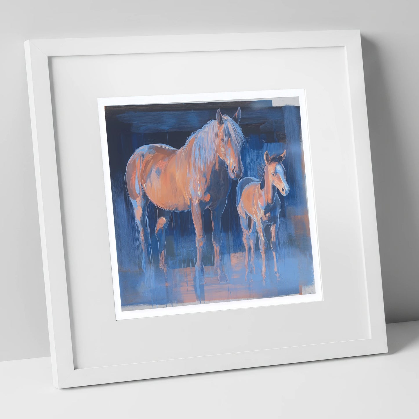 Cobalt and Apricot mare & foal art print in white frame