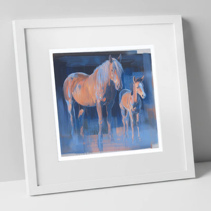 Cobalt and Apricot mare & foal art print in white frame