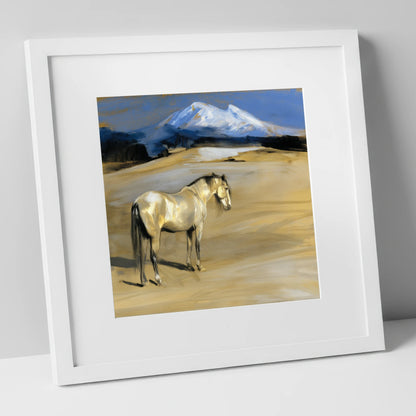 Mountain Sentinel horse landscape art print in white frame