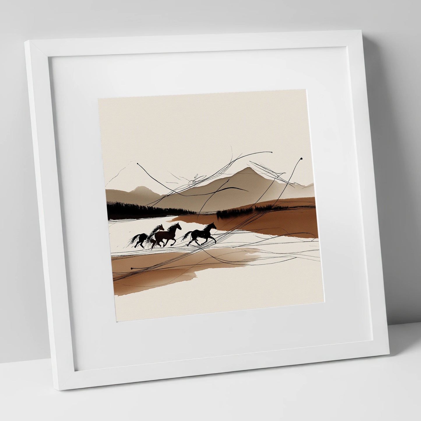 Sepia Horizon Herd wild horses art print in white frame