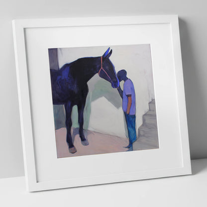 Silent Communion horse & rider art print in white frame