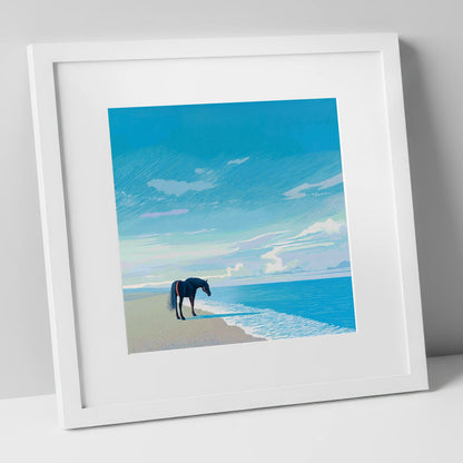 Solitude by the Sea horse landscape art print in white frame