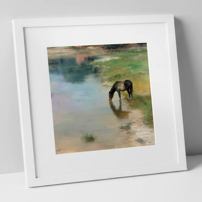 Quiet Waters Edge horse landscape art print in white frame