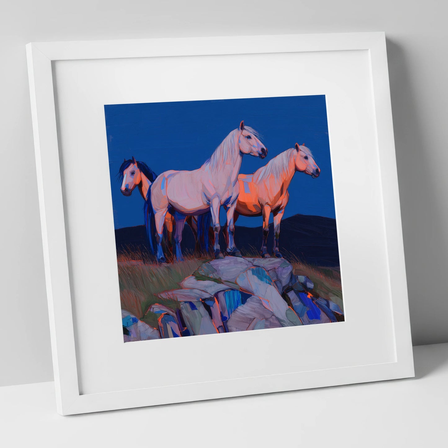 Vanguard of the Heights horse landscape art print in white frame