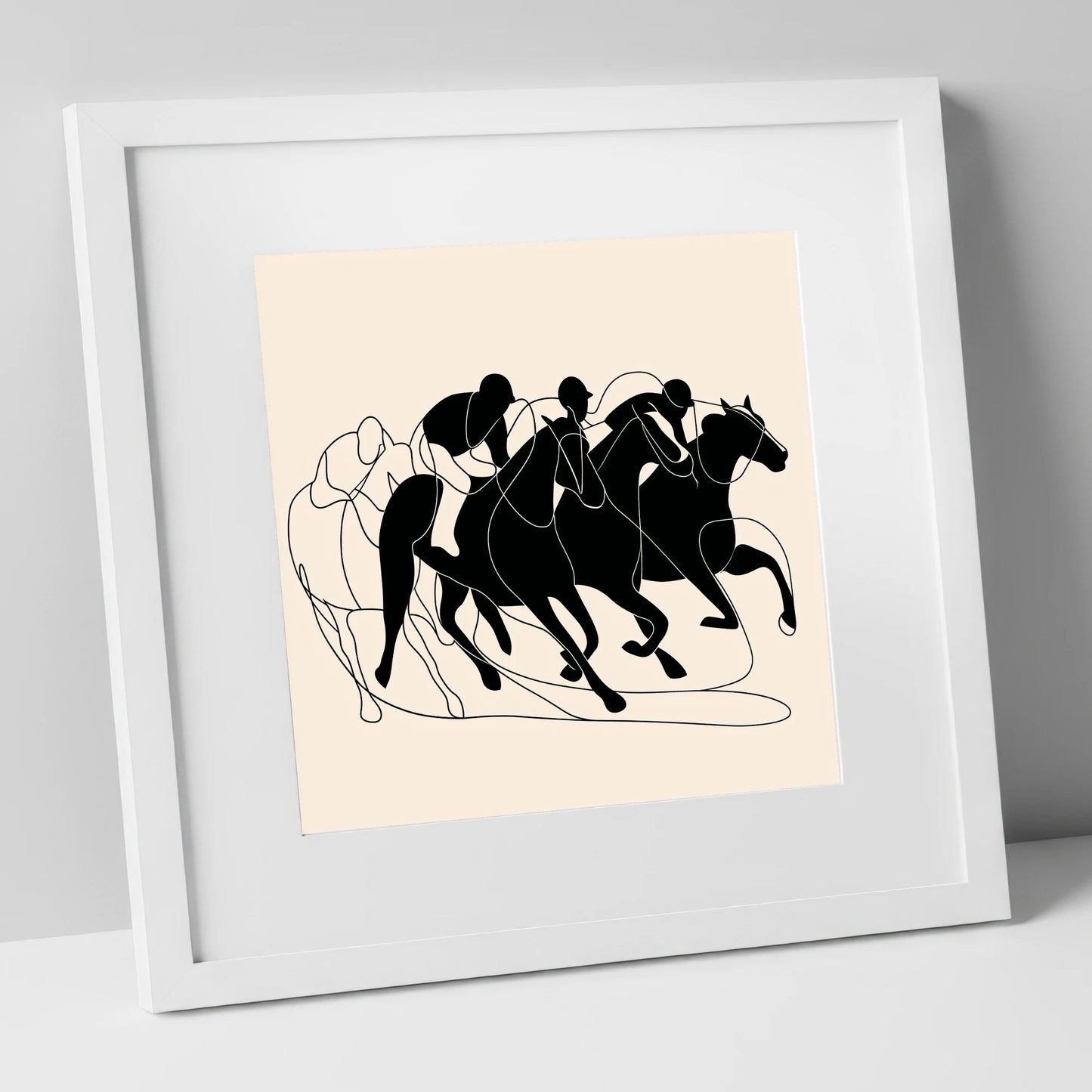 The Leading Pack racing horse art print in white frame