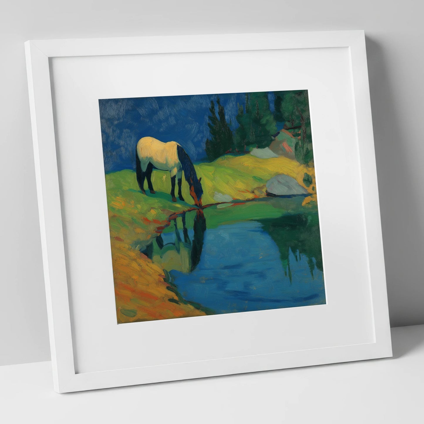 Sapphire Pool Reflections horse landscape art print in white frame
