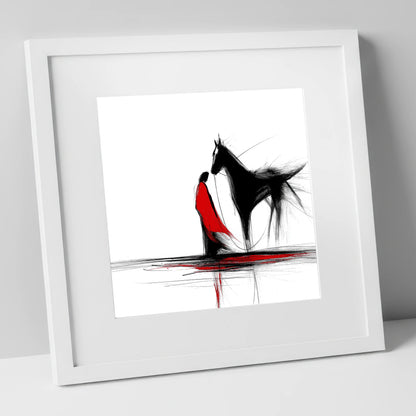 Crimson Connection horse & rider art print in white frame