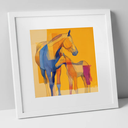 Vibrant Amber Kinship mare & foal art print in white frame