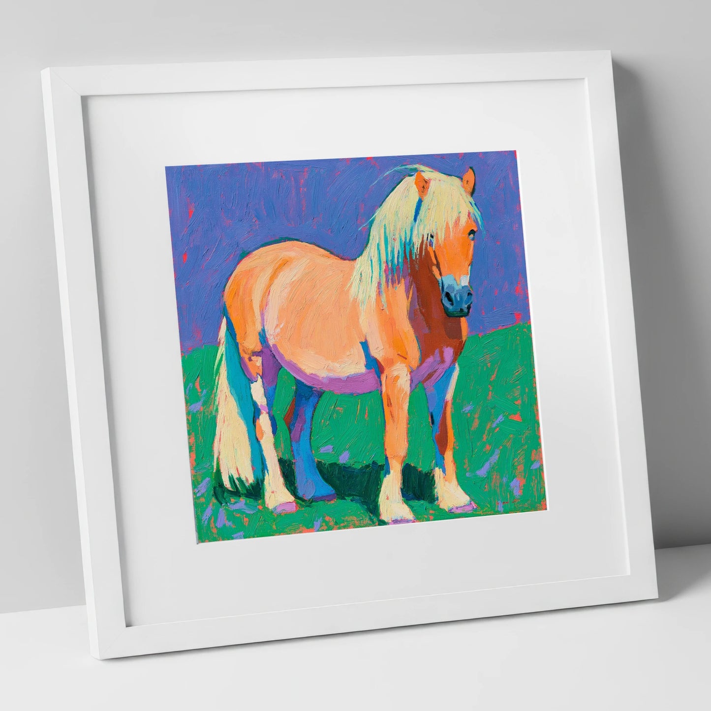 Vibrant Chestnut Pony Portrait horse breed art print in white frame