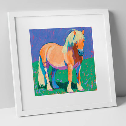 Vibrant Chestnut Pony Portrait horse breed art print in white frame