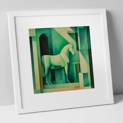 Emerald Stall Geometry horse stable art print in white frame