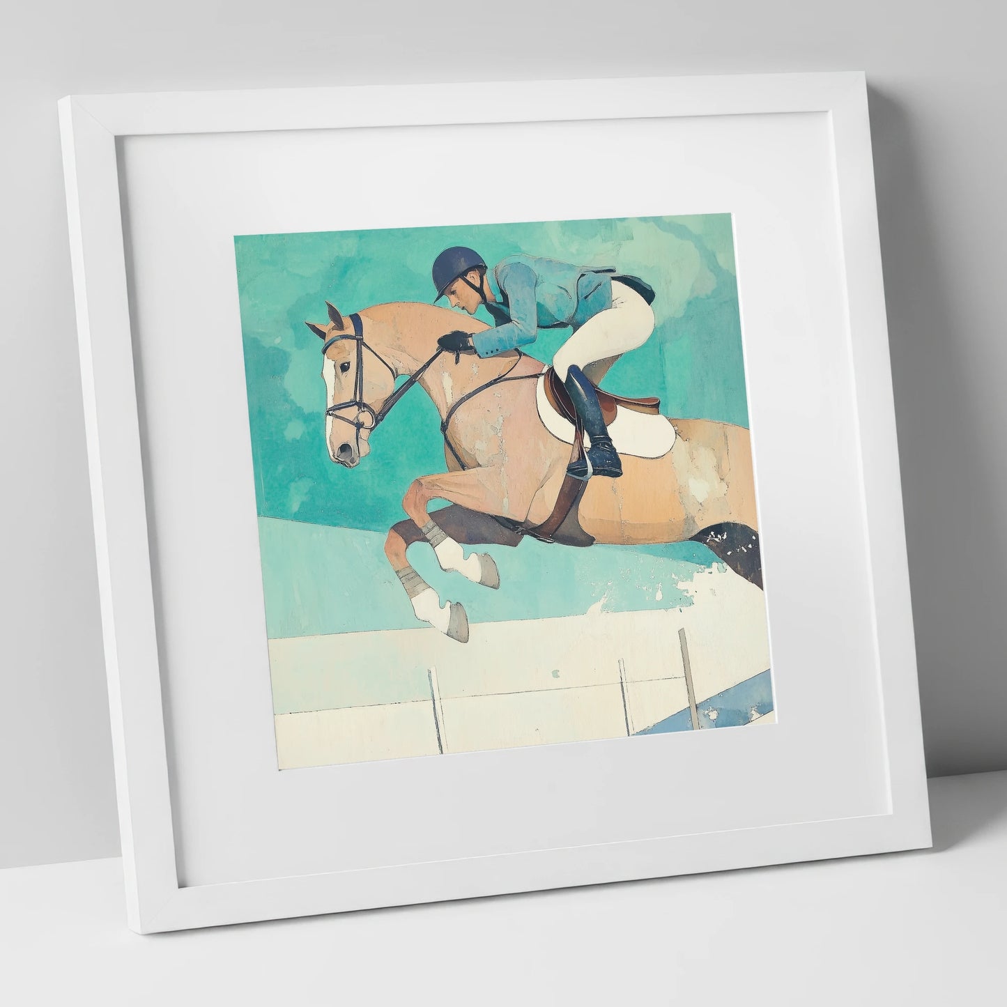 Aquamarine Flight show jumping horse art print in white frame