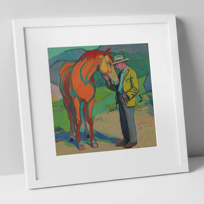 Vibrant Companionship horse & rider art print in white frame