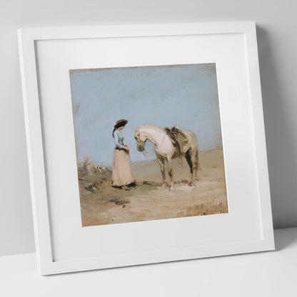 The Waiting Grey horse & rider art print in white frame