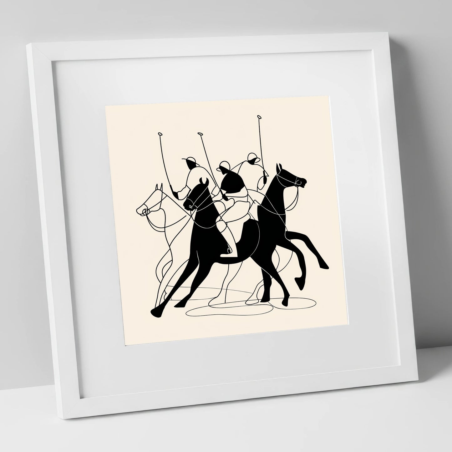 Dynamic Polo Silhouettes polo horse art print in white frame