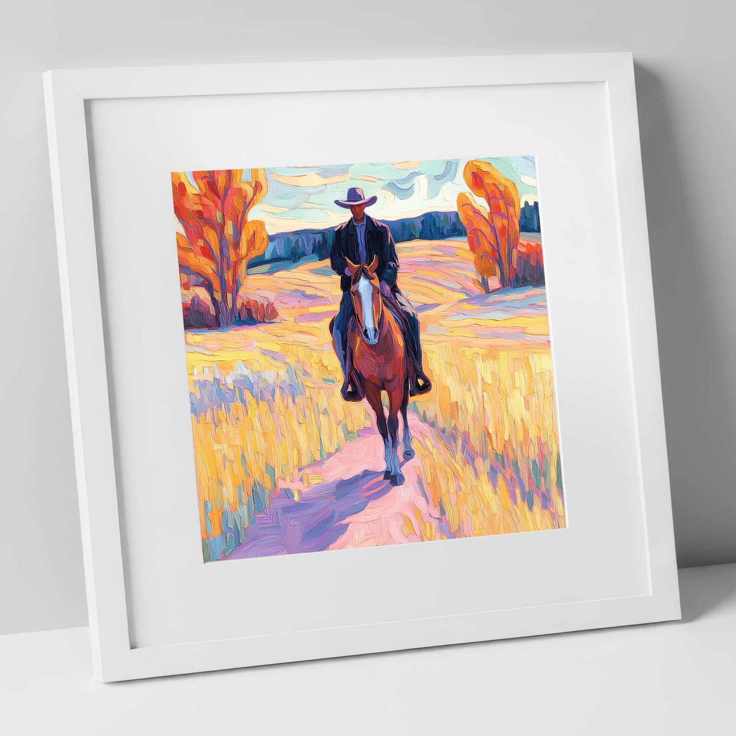 Vibrant Western Trail western horse art print in white frame