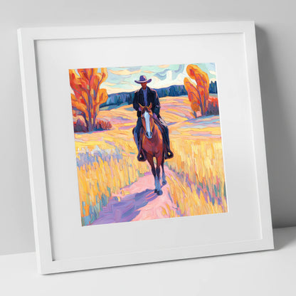Vibrant Western Trail western horse art print in white frame