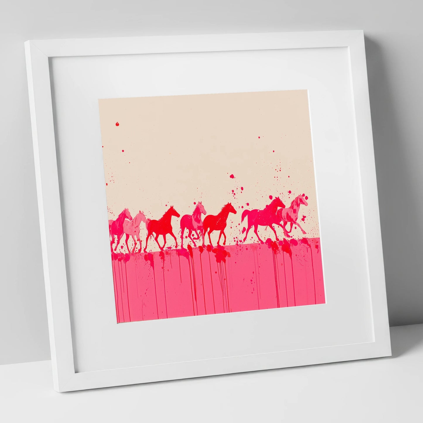 Magenta Motion wild horses art print in white frame