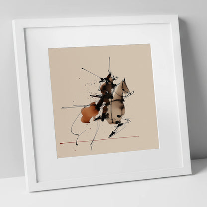 Abstract Momentum in Ink horse & rider art print in white frame