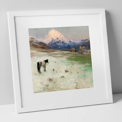 Alpine Solitude horse landscape art print in white frame