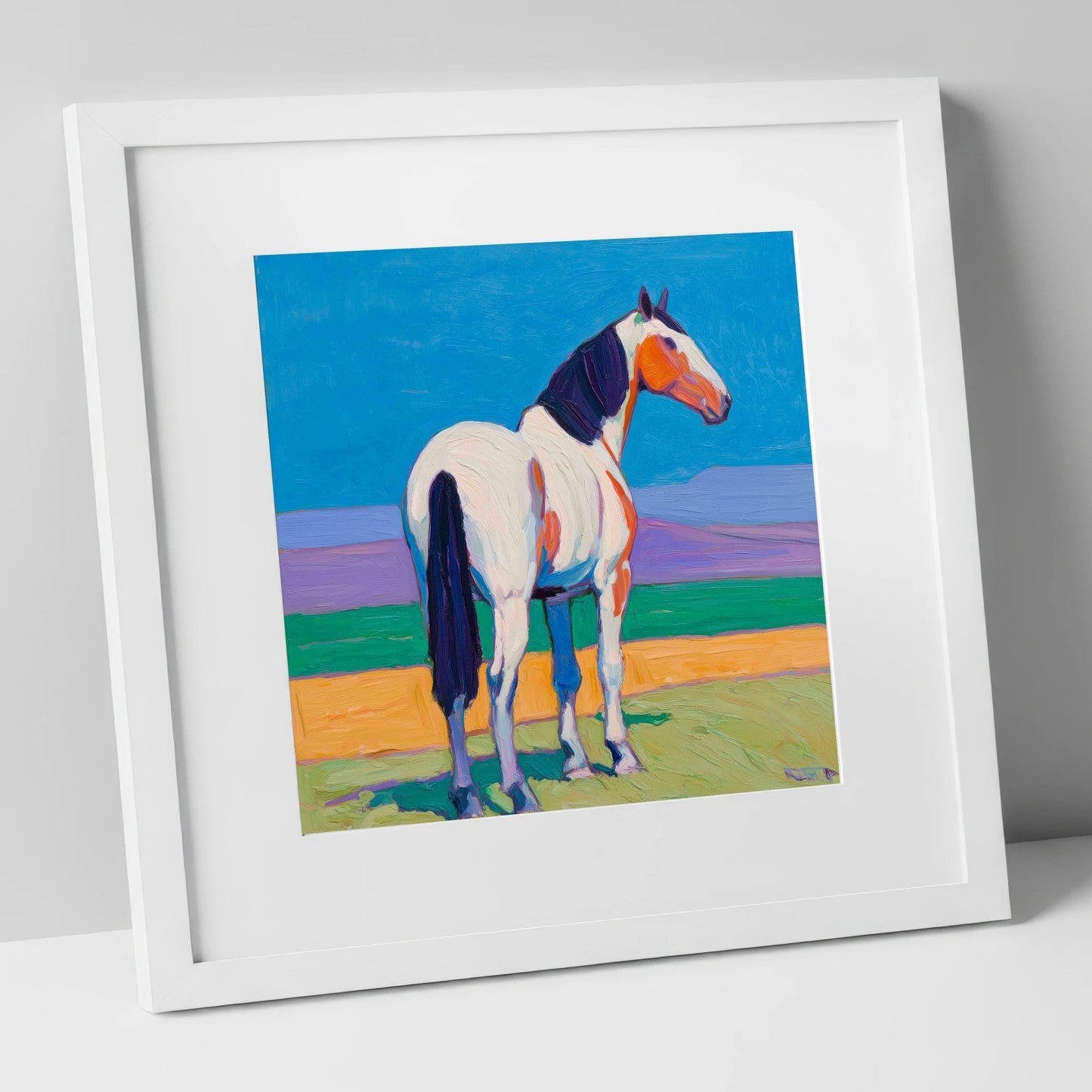 The Painted Sentinel horse breed art print in white frame